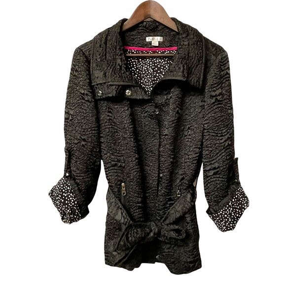 PULI Women Black Jacket Size M Textured Full-Zip and Buttons, Waist Tie, Pockets - Picture 2 of 12